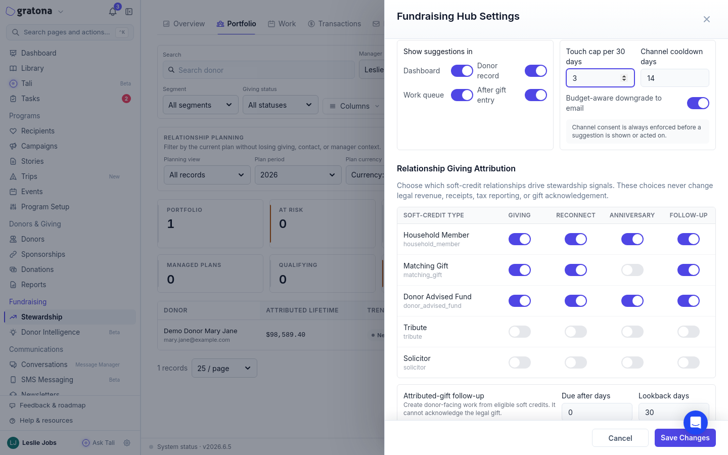 Fundraising Hub Settings drawer showing the Relationship Giving Attribution table