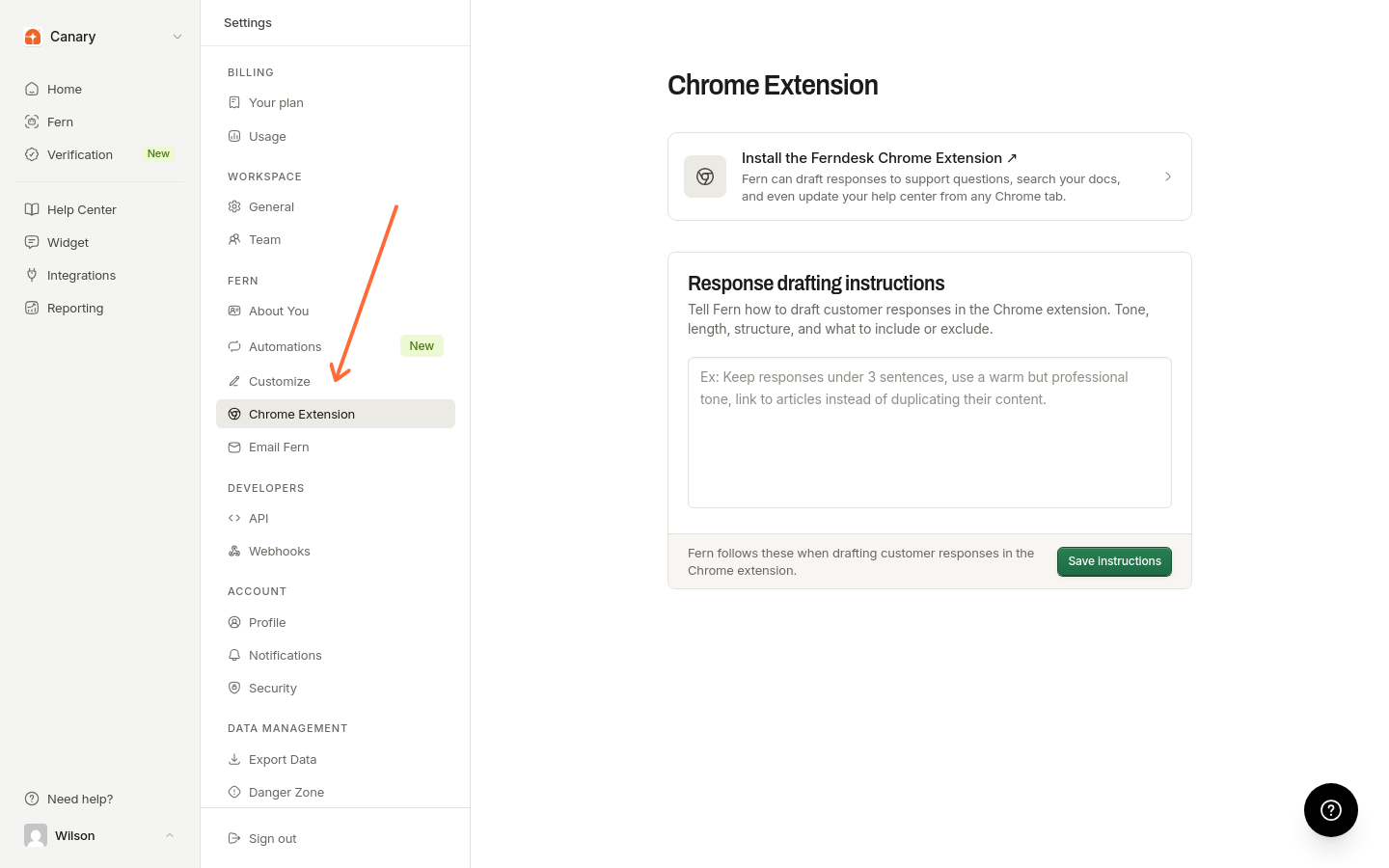 L’élément Chrome Extension, dans la section Fern de la barre latérale des paramètres