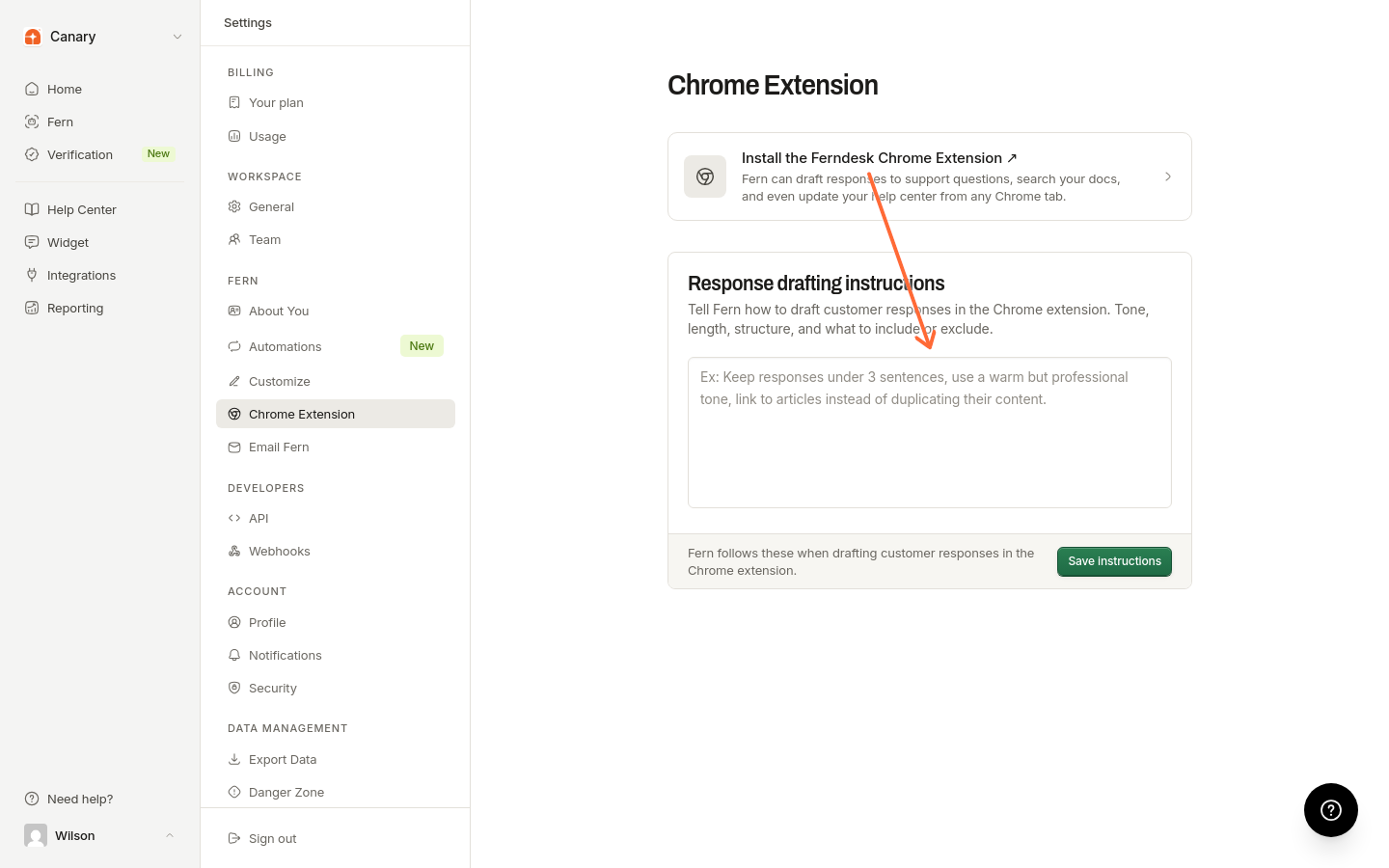 La zone de texte Response drafting instructions sur la page des paramètres de Chrome Extension