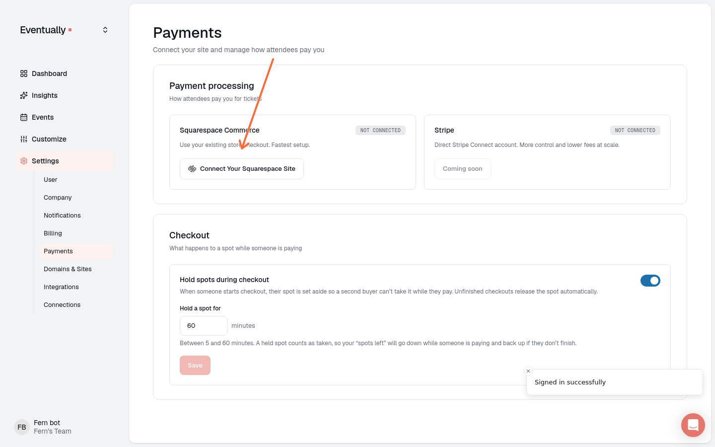 Payments settings page showing the Connect Your Squarespace Site button and NOT CONNECTED status