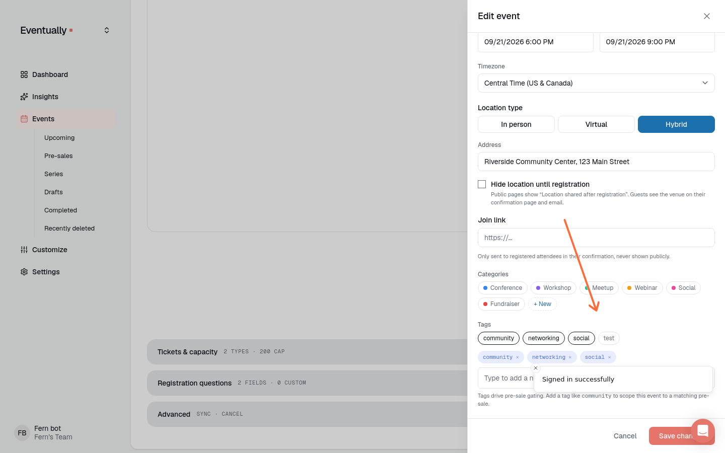 The event editor with the More options drawer open, showing the Tags field under Organize