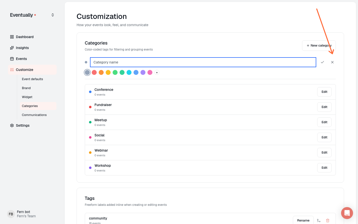 New category form with name field, color swatches, and check-mark save control