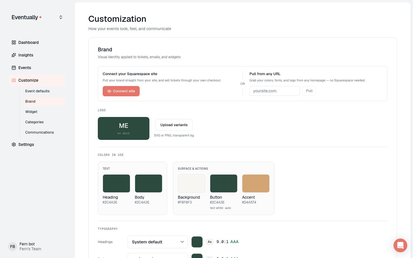 Brand settings page (the legacy fallback when Global Styles is not enabled) showing the Colors In Use color slots and contrast checks