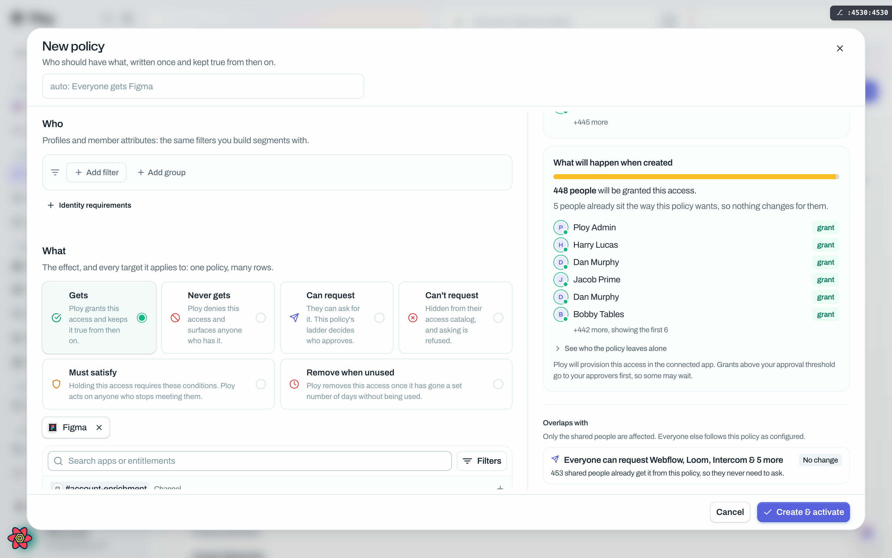 The builder's Overlaps with card for a Gets draft: "Everyone can request Webflow, Loom, Intercom & 5 more" tagged No change, with the line "453 shared people already get it from this policy, so they never need to ask."