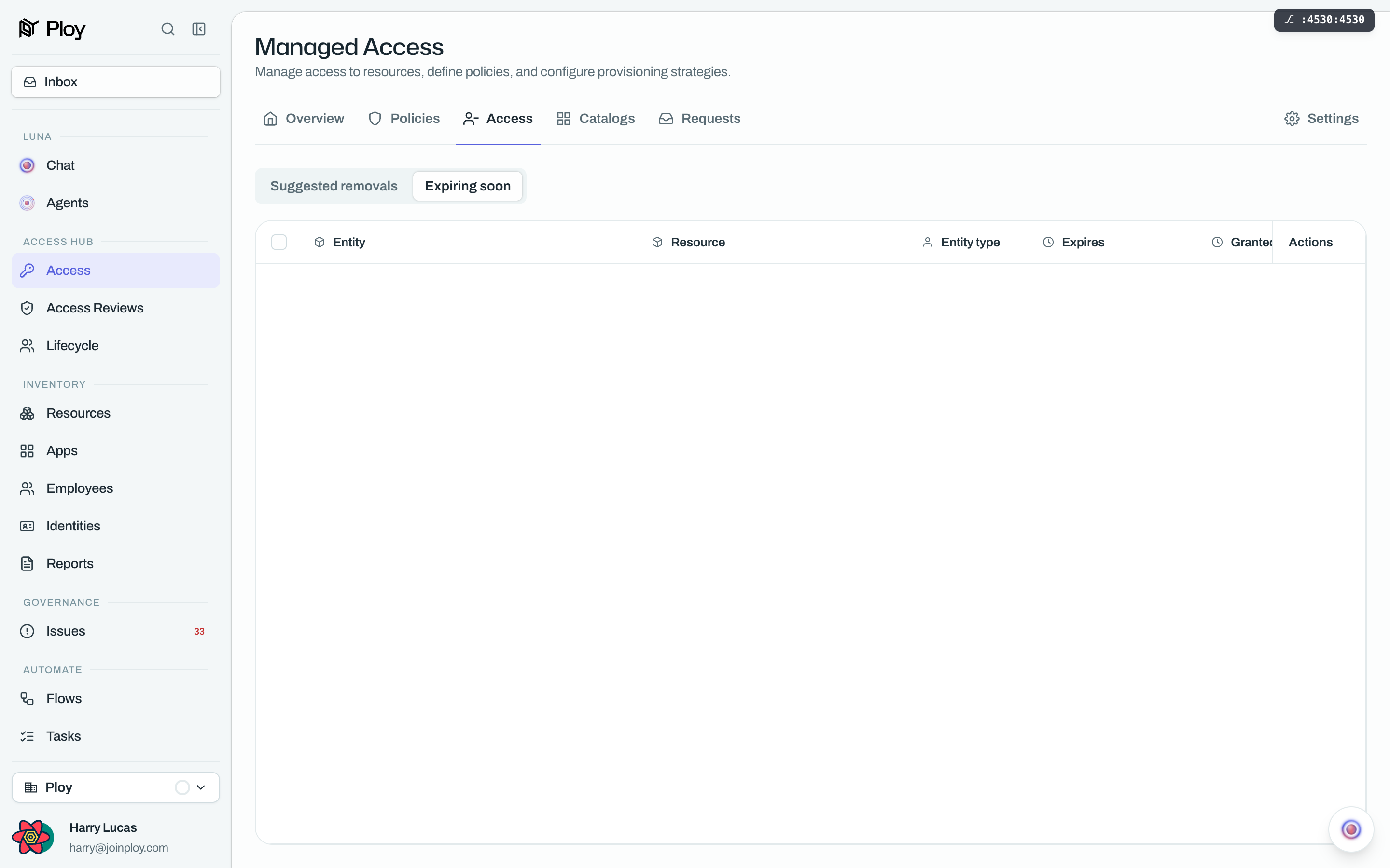 The Access tab's Expiring soon view: an empty table with Entity, Resource, Entity type, Expires, Granted and Actions columns