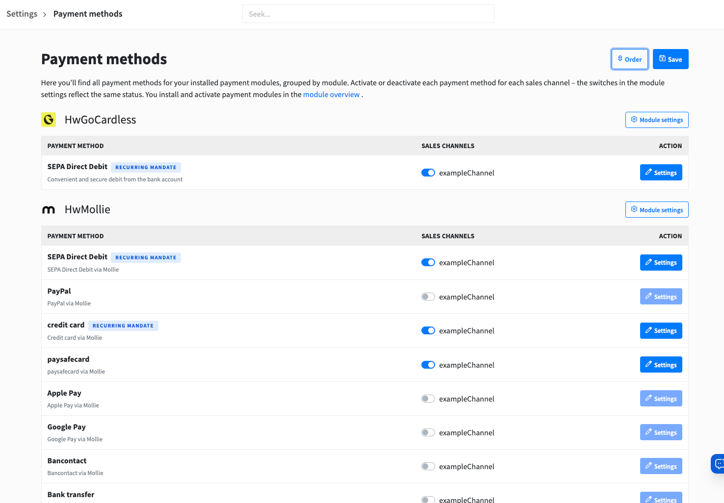 Payment methods settings page, grouped by module with one switch per sales channel