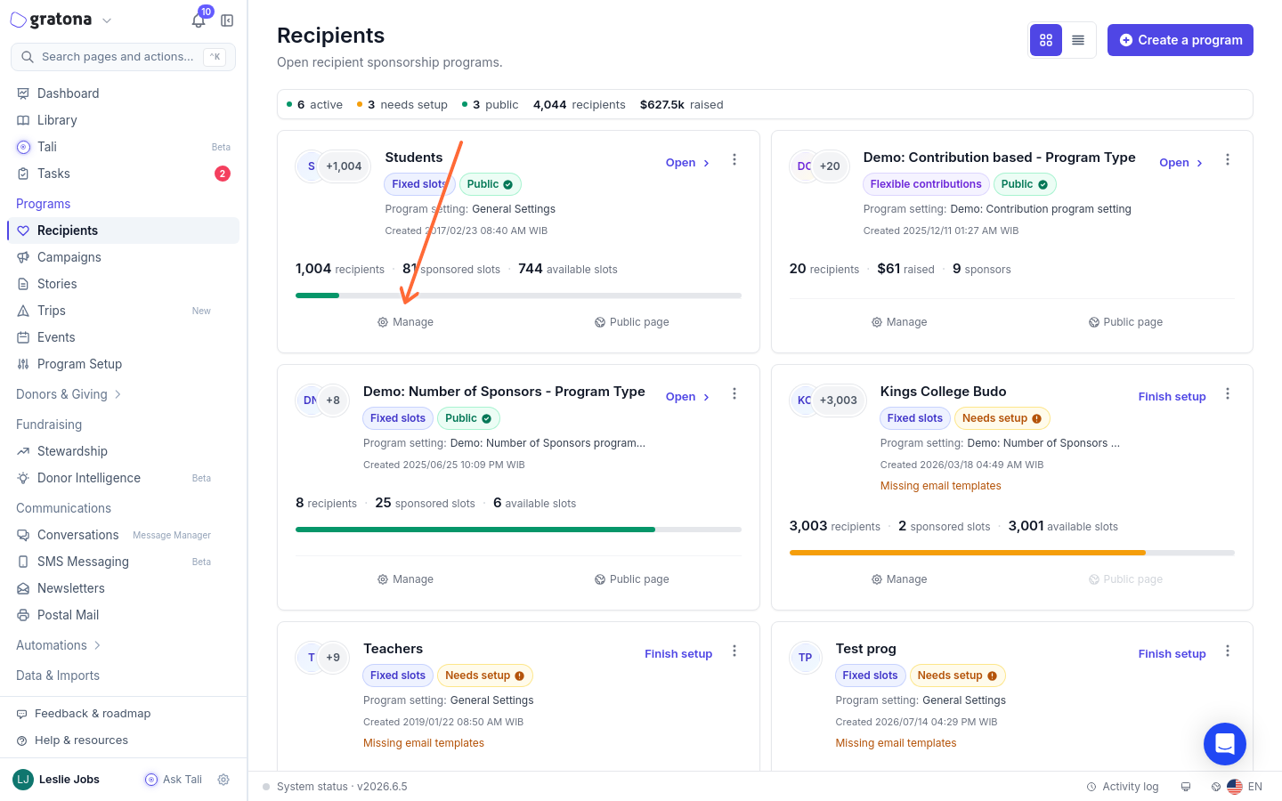 The Programs > Recipients page with an arrow pointing to the Manage button on a program card