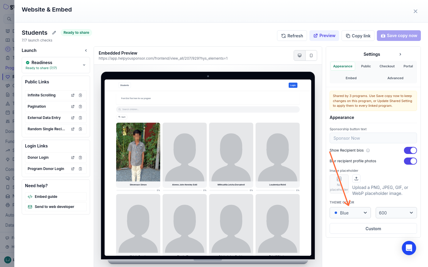The Appearance settings in Website & Embed with an arrow pointing to the Theme color dropdowns