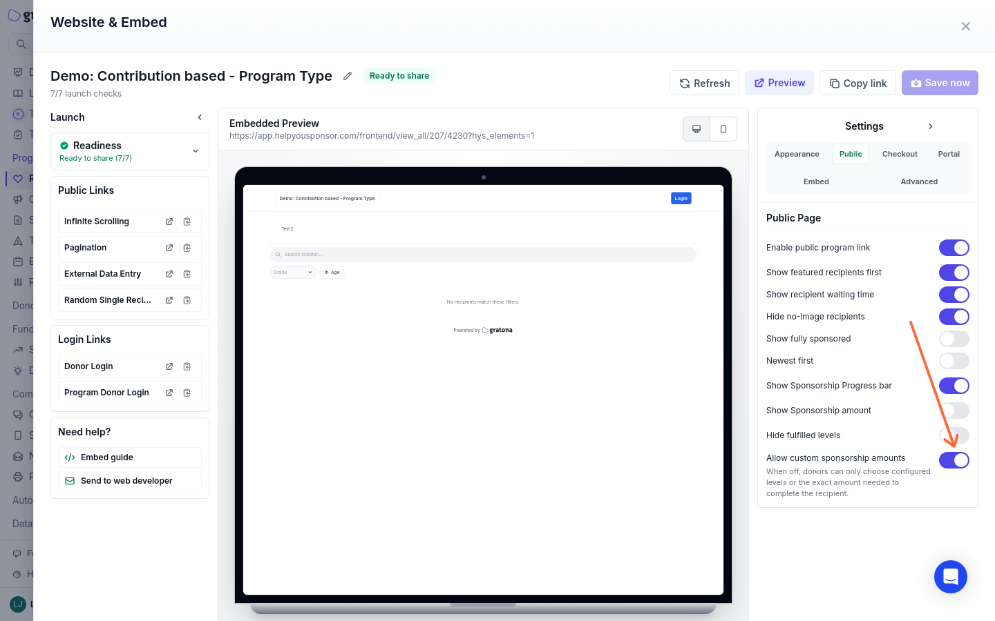 The Public settings section with an arrow pointing to the Allow custom sponsorship amounts toggle