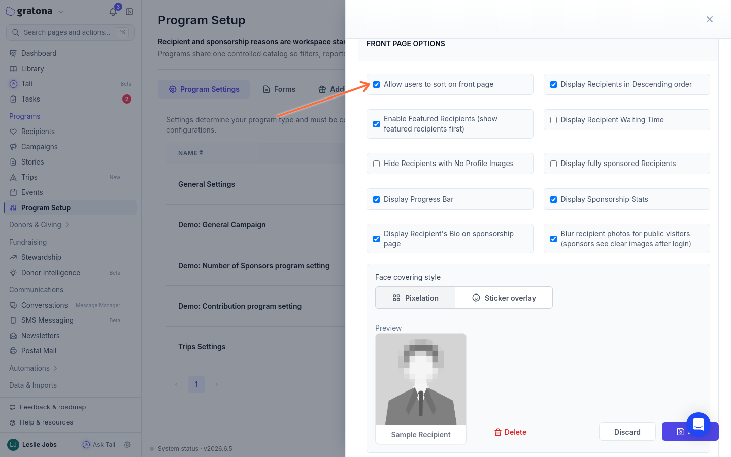 The Front Page Options section of a program setting profile with an arrow pointing to the Allow users to sort on front page checkbox