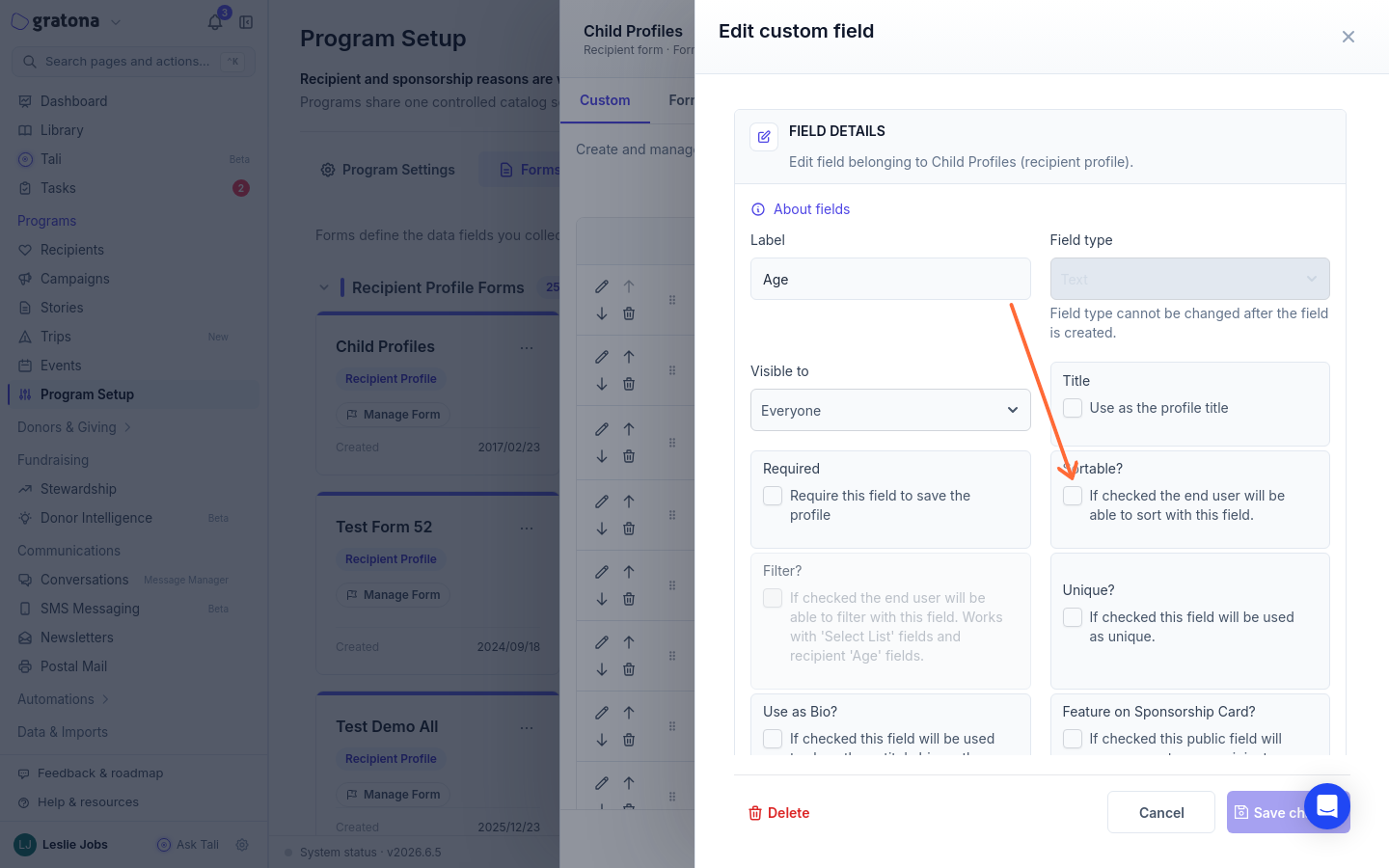 The recipient field editor with an arrow pointing to the Sortable? checkbox