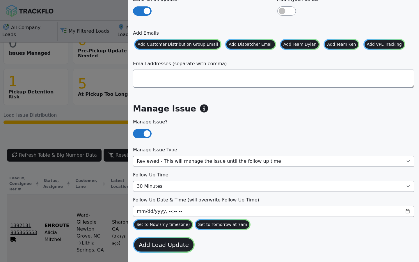 El panel Add Load Update, donde se introduce una actualización en TrackFlo y se envía a su TMS