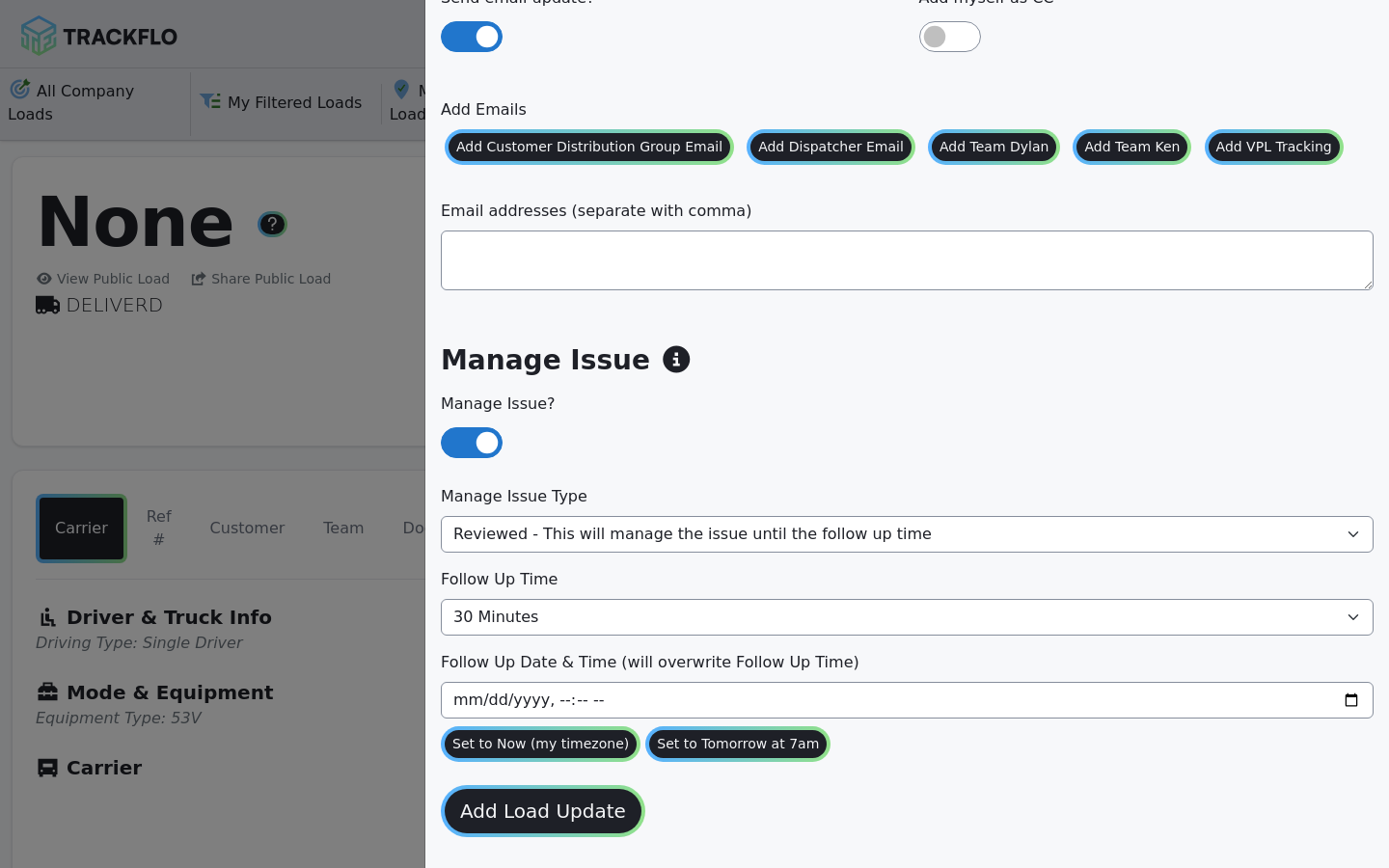 The Add Load Update panel showing the update type, information source, location, ETA, comment, and email controls