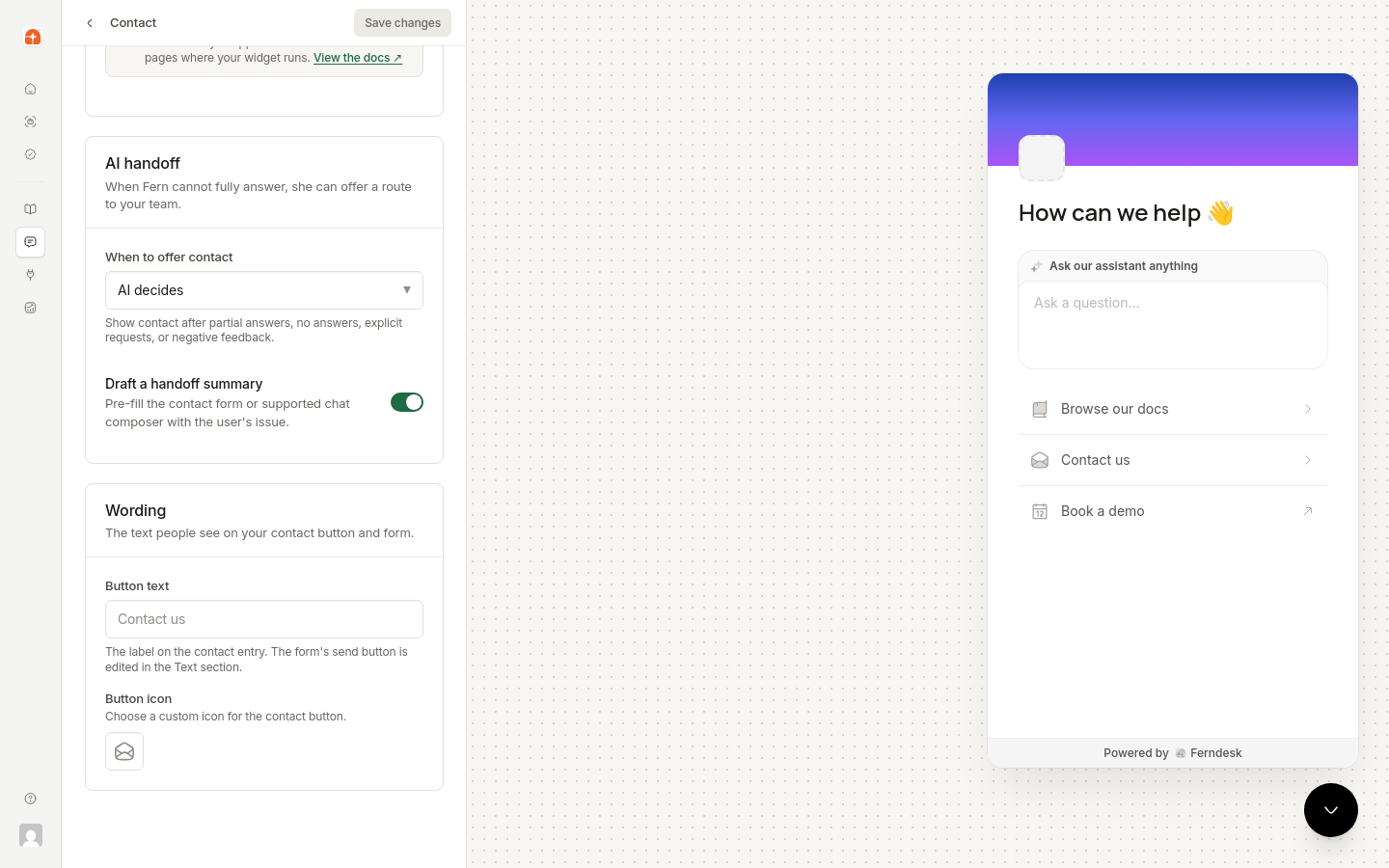 Ajuste del comportamiento de transferencia de IA en la personalización del widget