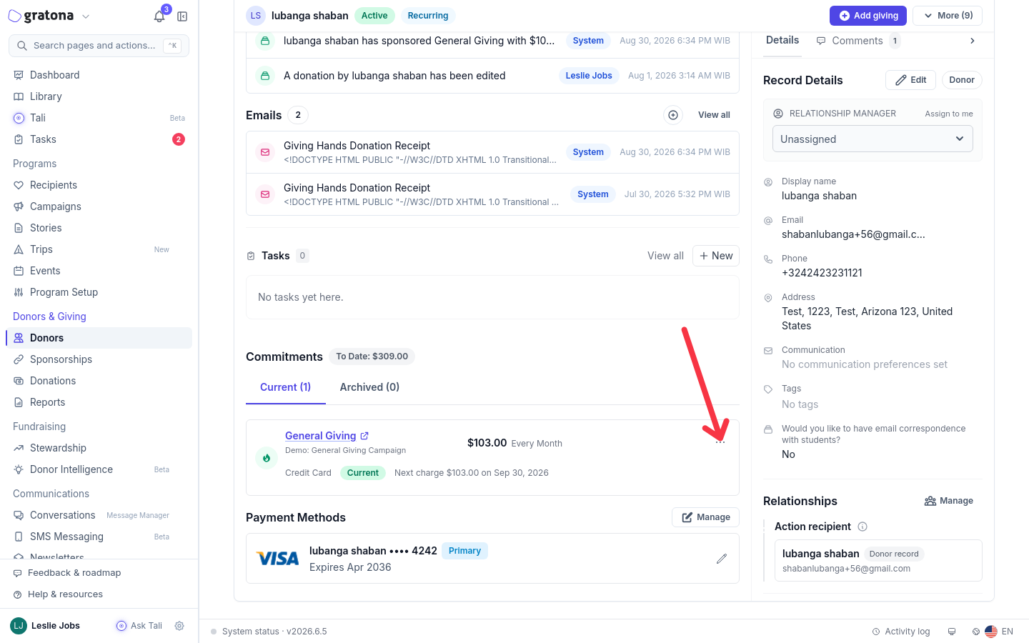 Donor profile Overview tab with the three-dot actions menu on a current sponsorship row, arrow pointing to Add payment in the menu