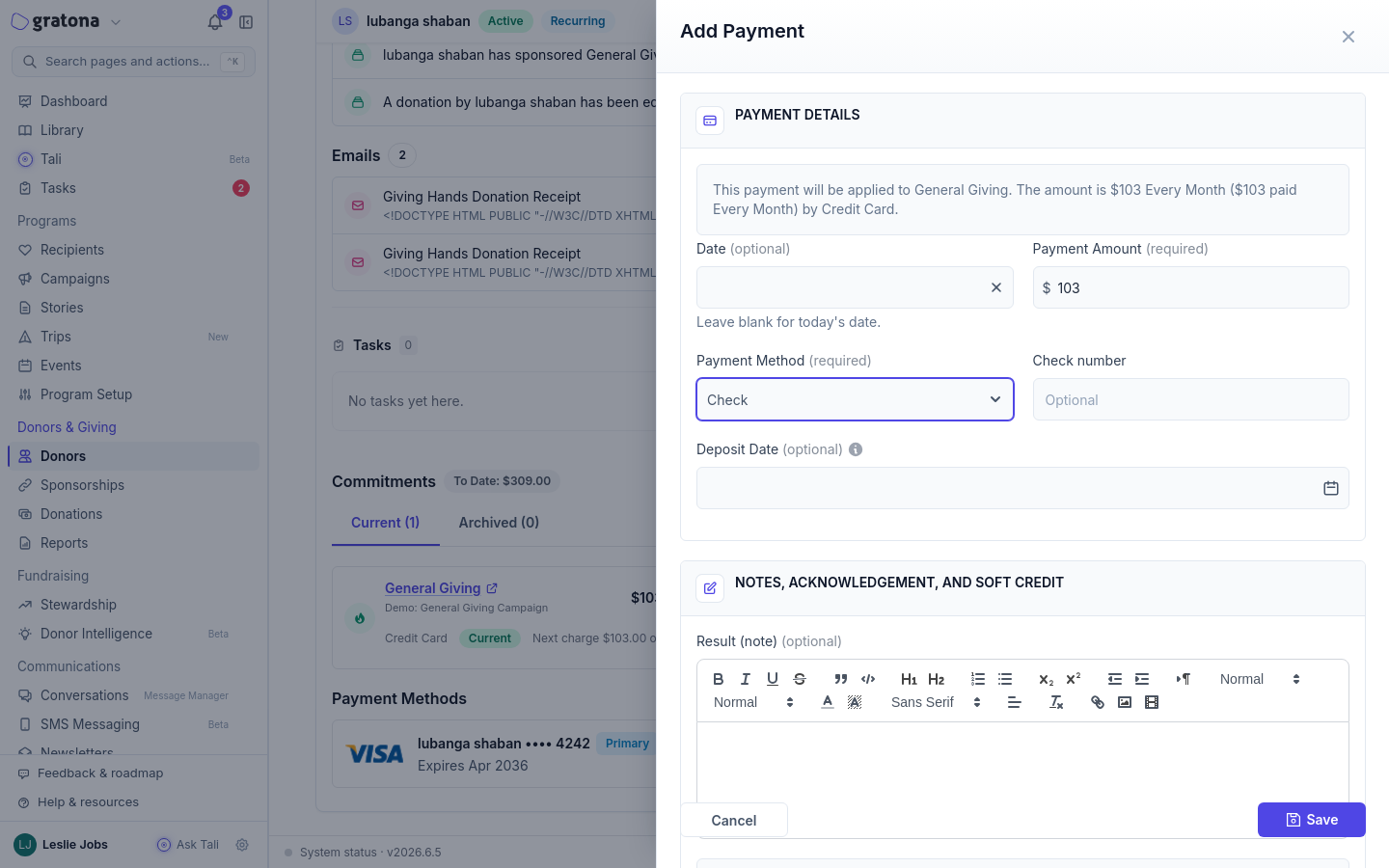 Add Payment drawer with Check selected as the payment method, showing the date, payment amount, check number, Result (note) field, and receipt settings