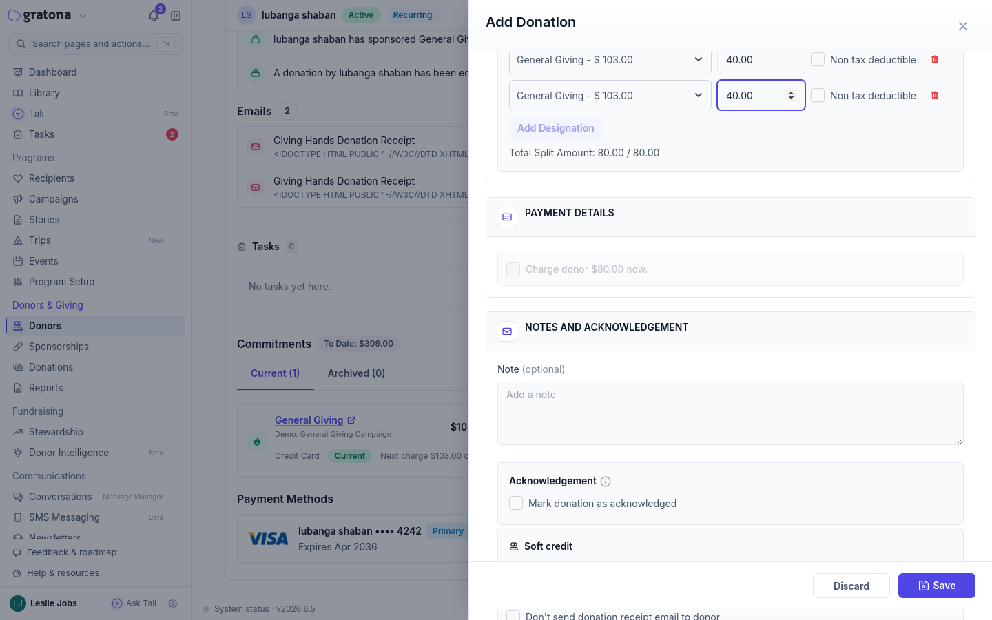 Add Donation drawer with an 80.00 amount, Split Donation enabled, two designation rows of 40.00 each, and the Total Split Amount display