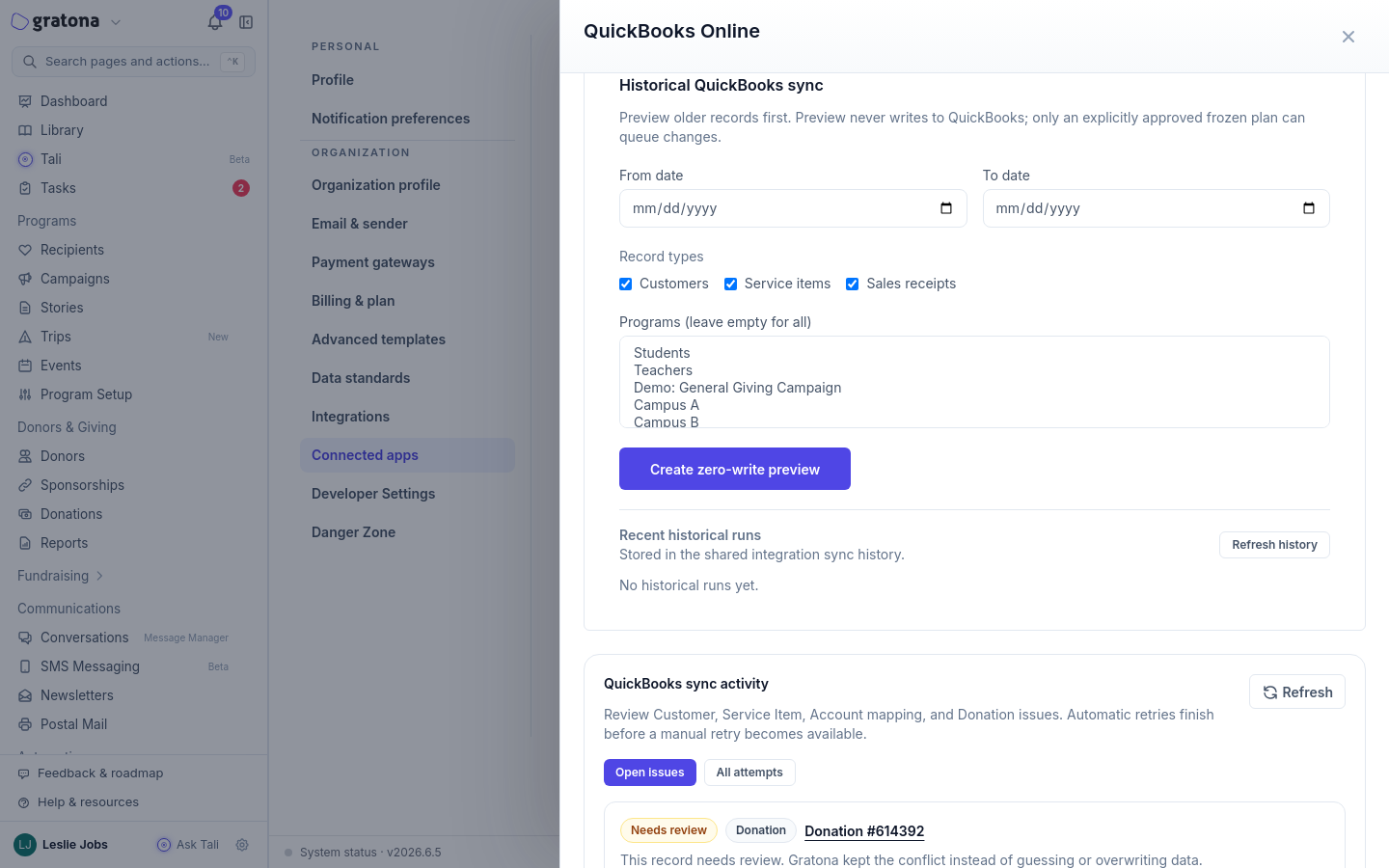 The Historical QuickBooks sync section in the QuickBooks Manage drawer, with the Recent historical runs list and the Refresh history button