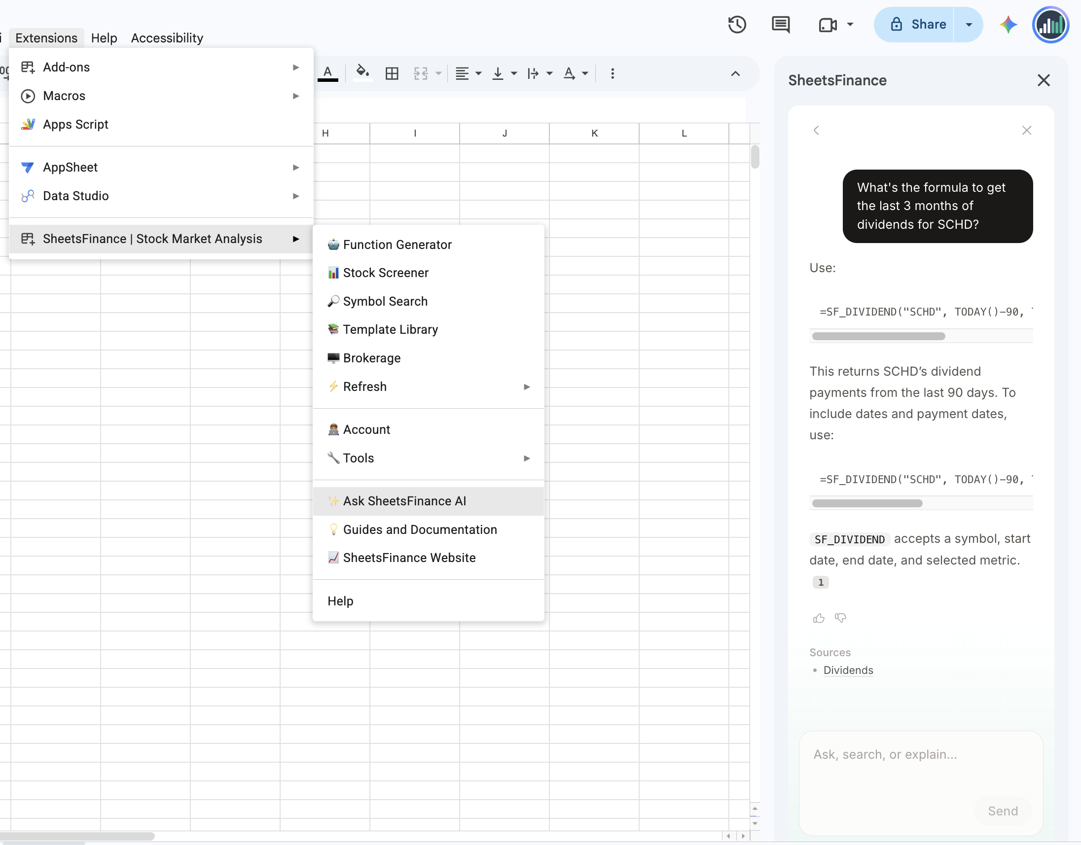 Google Sheets with the Extensions menu open, showing the SheetsFinance submenu with Ask SheetsFinance AI, next to the SheetsFinance side panel answering a dividend formula question