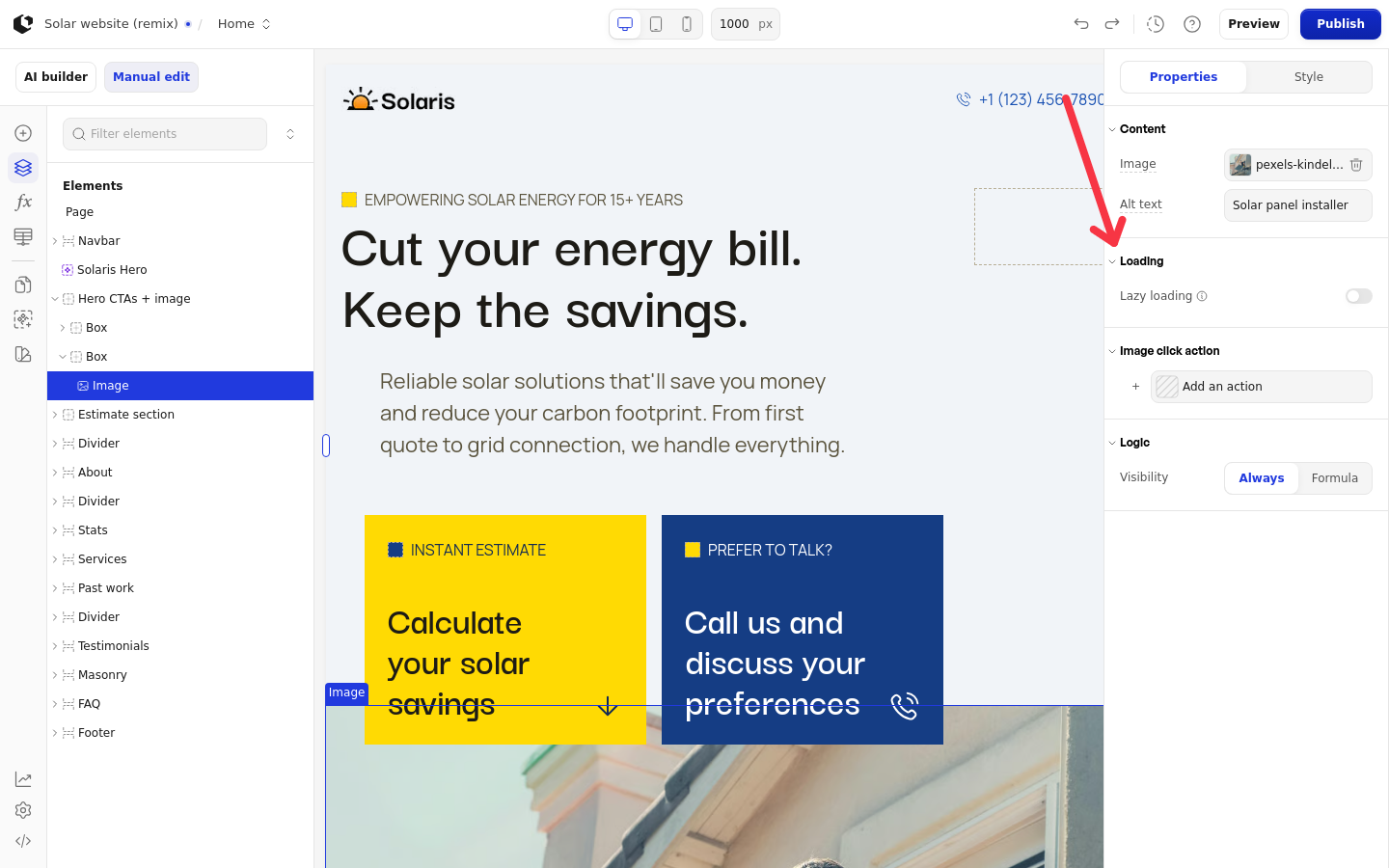 The Site editor with an Image element selected and the Lazy loading setting in the settings panel