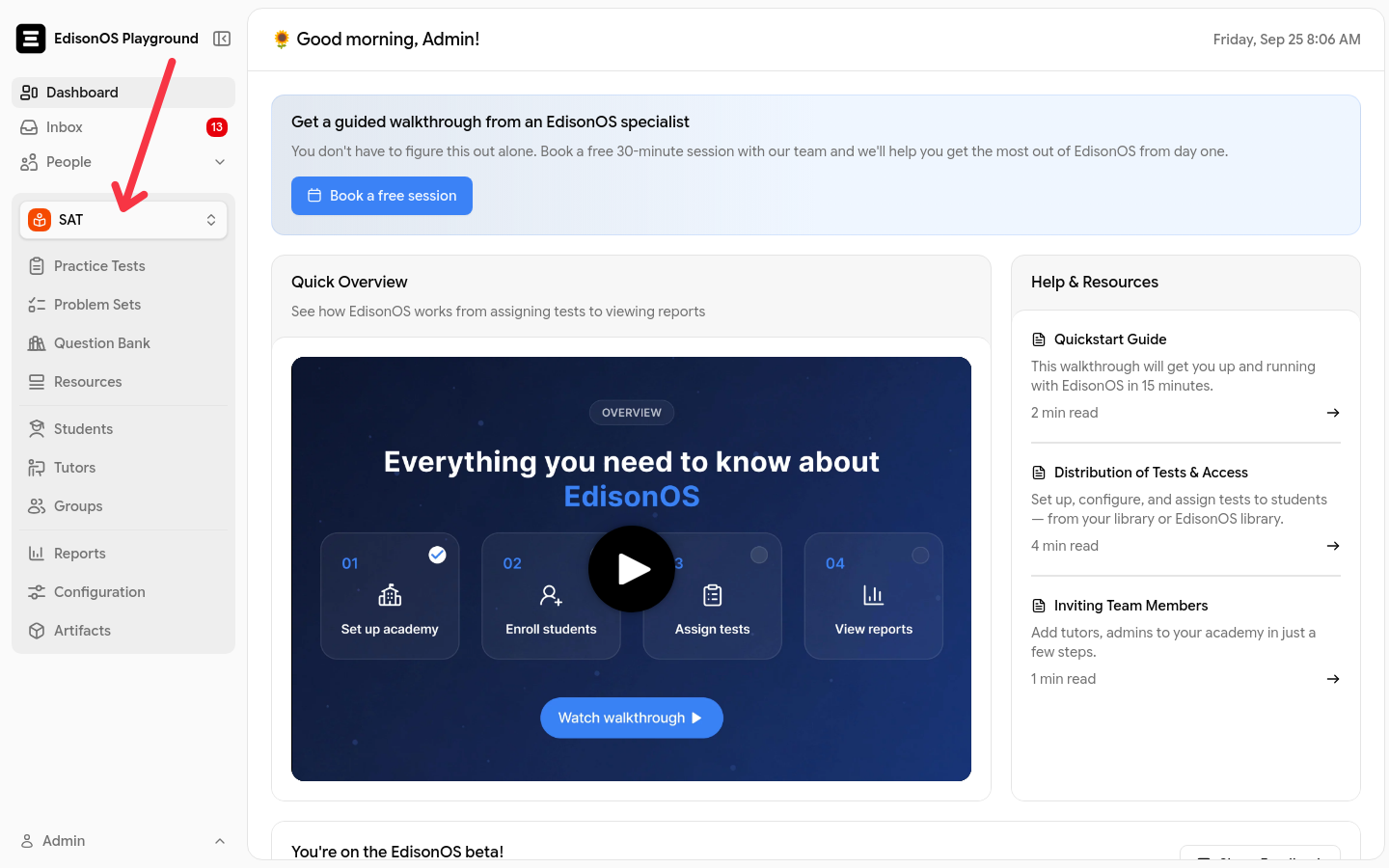 The admin dashboard with the left menu, with an arrow pointing to the program