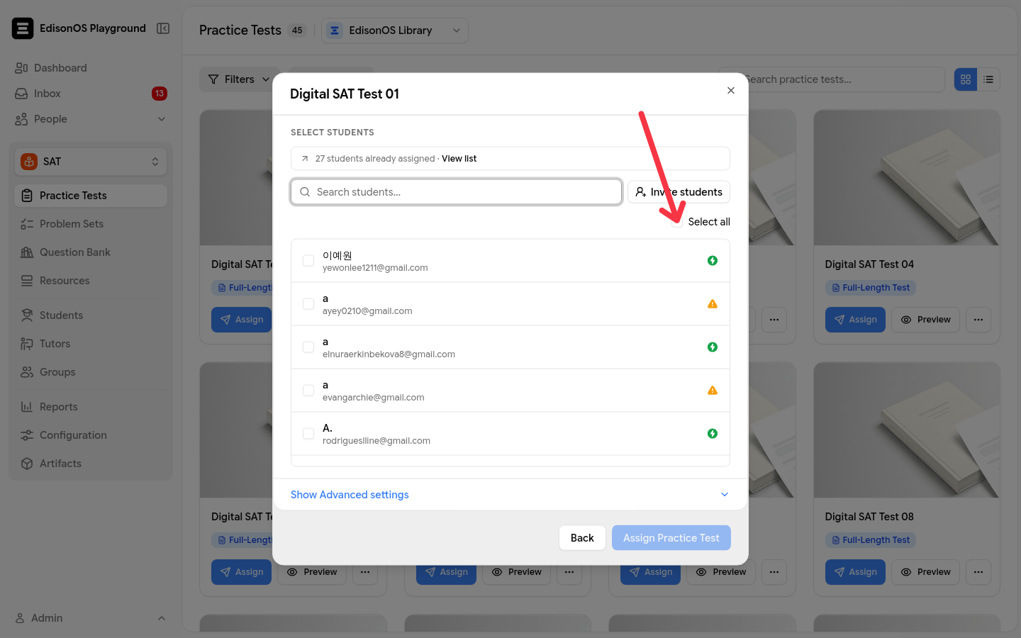 The assignment screen with an arrow pointing to the student or group selection