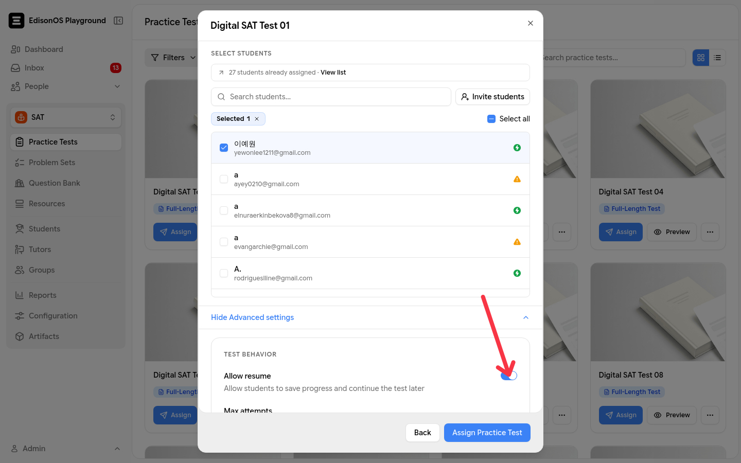 Advanced Settings with an arrow pointing to the Allow Resume toggle under Test Behavior