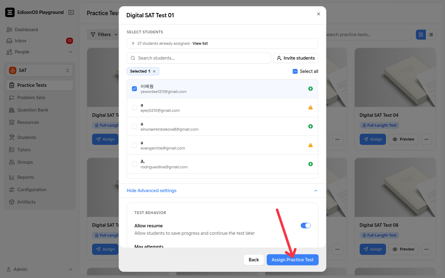 The assignment screen with an arrow pointing to the Assign Practice Test button