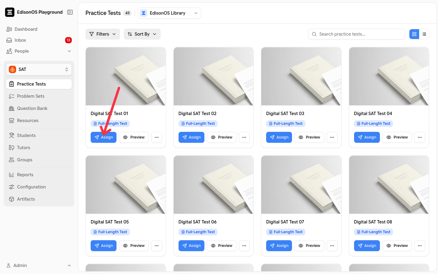 The Practice Tests page with an arrow pointing to the Assign button for a test