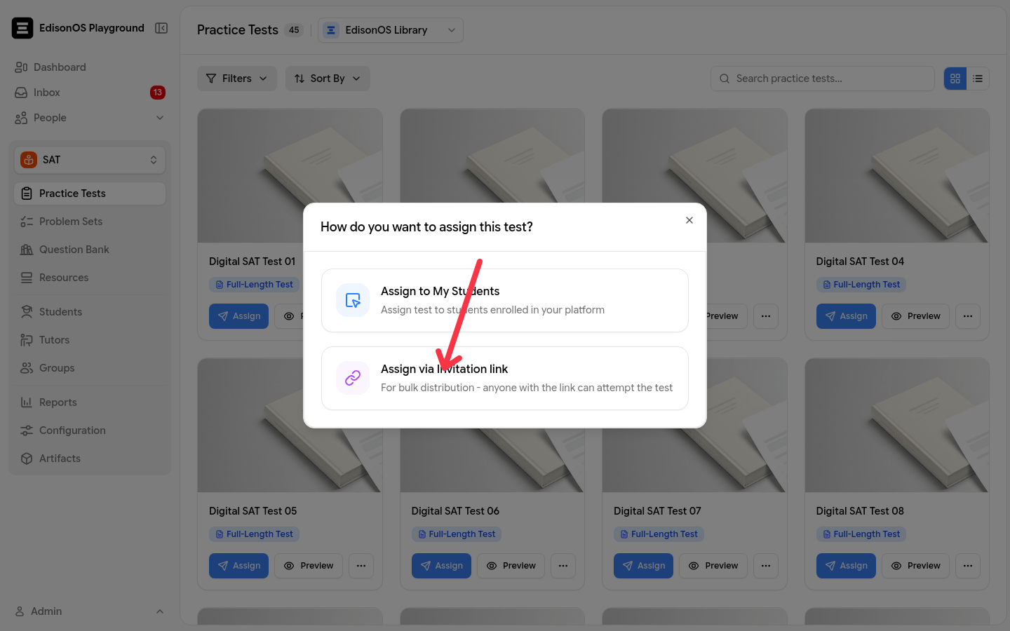 The Assign menu with an arrow pointing to Assign via Invitation Link