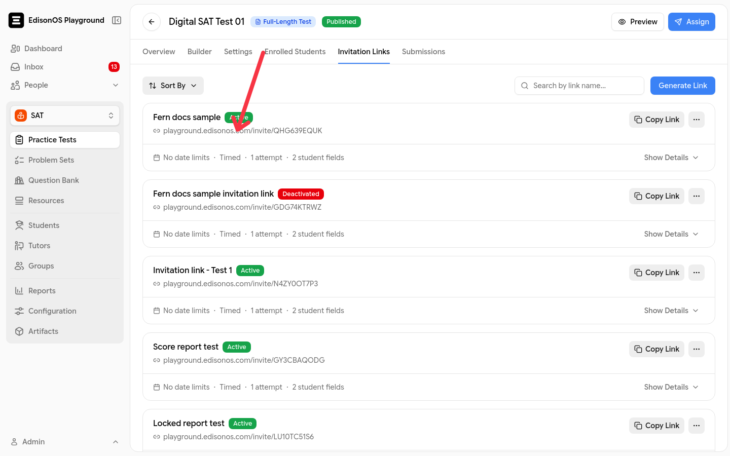 The generated invitation link with an arrow pointing to the copy control