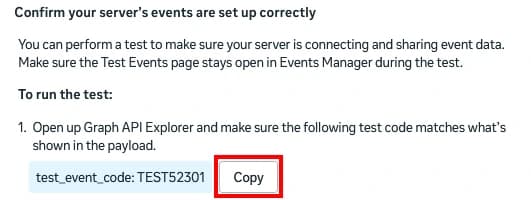 Tab „Test-Events“ im Meta Events Manager mit der Schaltfläche „Kopieren“ für den Server-Testcode