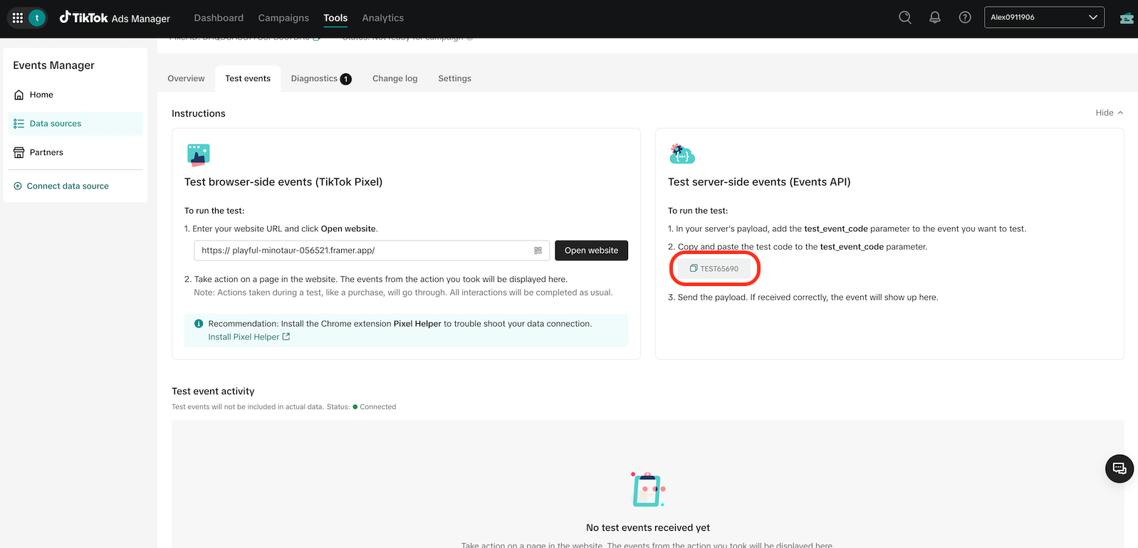 TikTok Events Manager Test events tab with the server-side test code highlighted