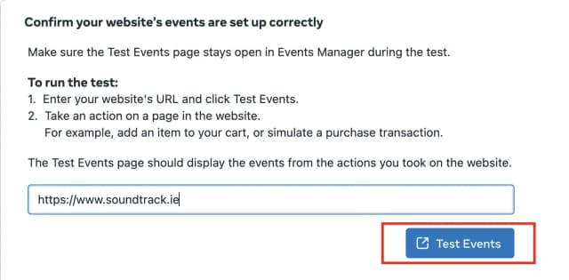 Testfeld für die Website-URL im Meta Events Manager mit der Schaltfläche „Test-Events“