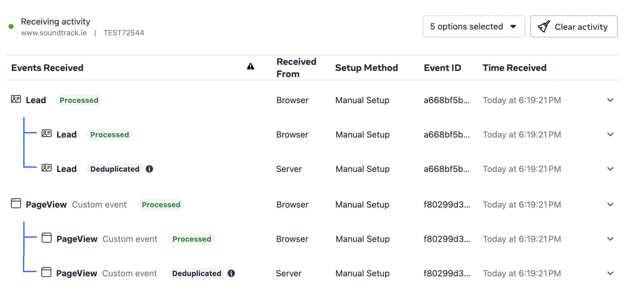 Meta-Test-Events mit als „Dedupliziert“ gekennzeichneten Browser- und Server-Events