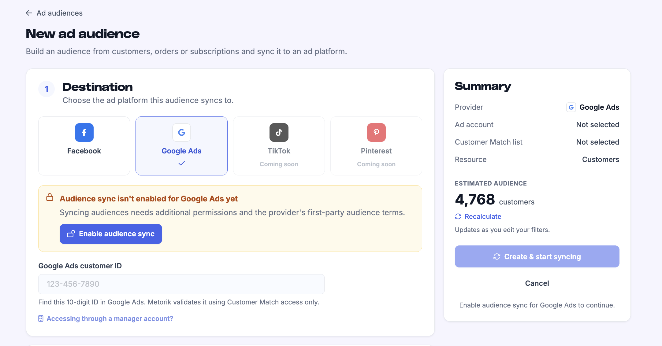 New Google Ads audience showing the Enable audience sync prompt, customer ID field, and summary panel
