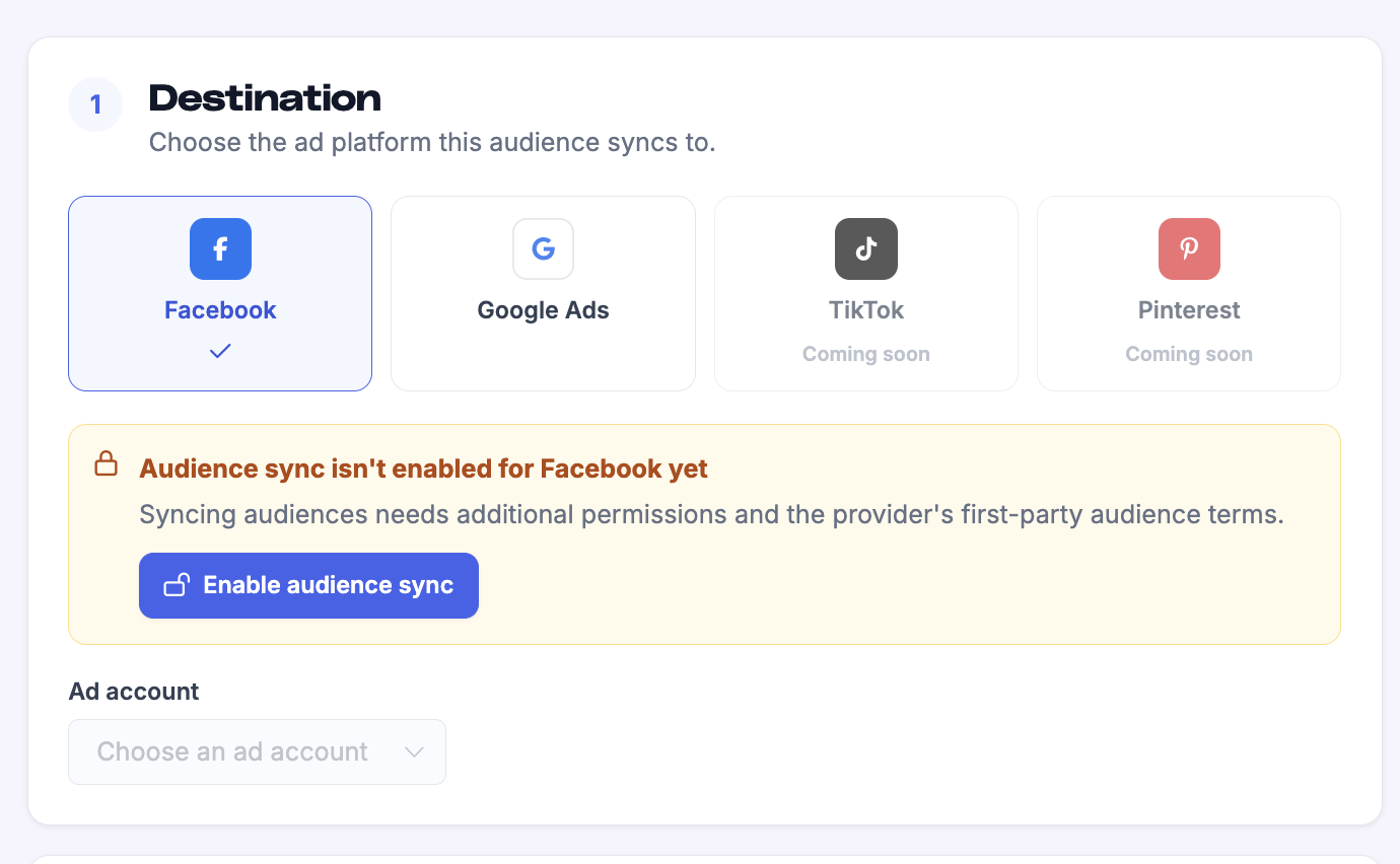 Facebook destination selected with Audience sync isn't enabled for Facebook yet warning and Enable audience sync button