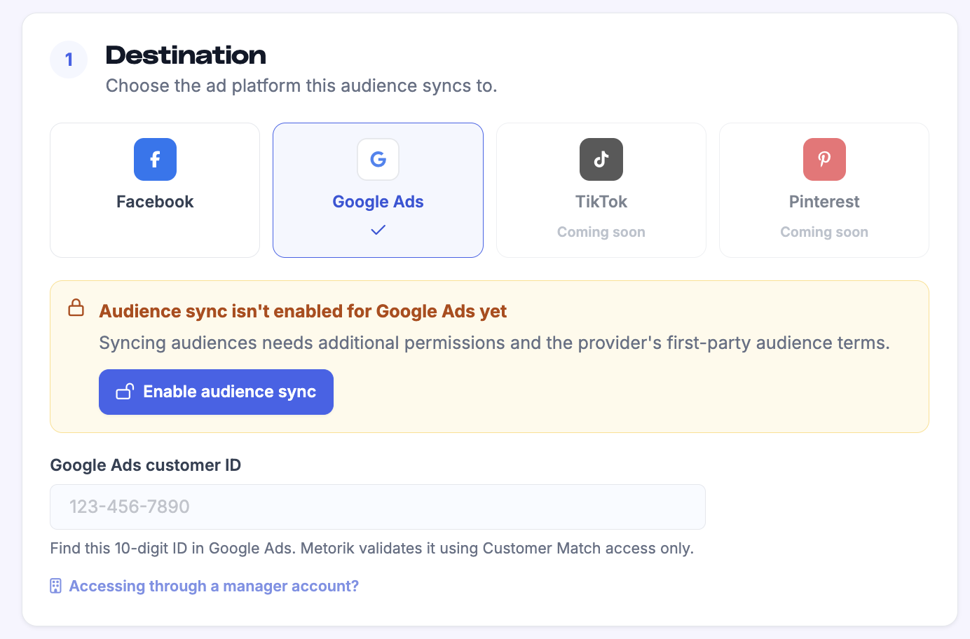 Google Ads destination selected with the Audience syncing isn't enabled for Google Ads yet warning, Enable audience sync button, and customer ID field