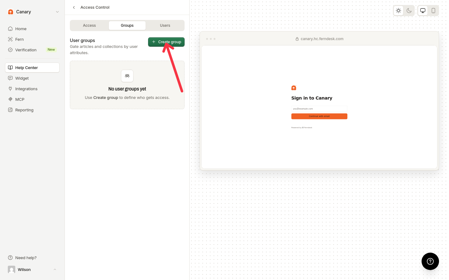 Groups tab in Access Control with the Create group button