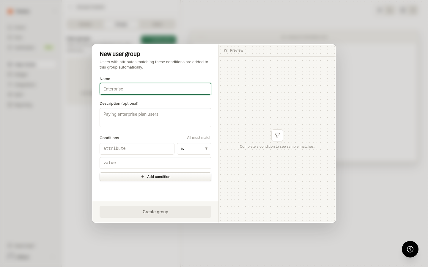 Create group form with name, description, and condition fields