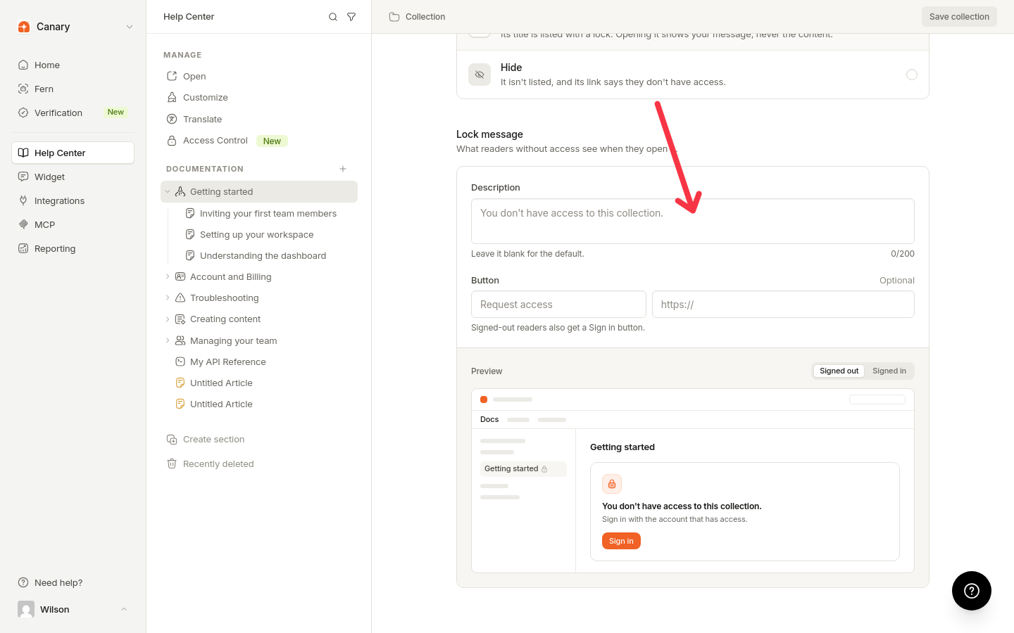 Lock message fields with the live preview of the no-access card