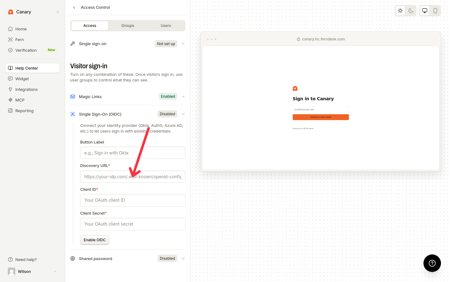 OIDC provider details form with the Discovery URL field