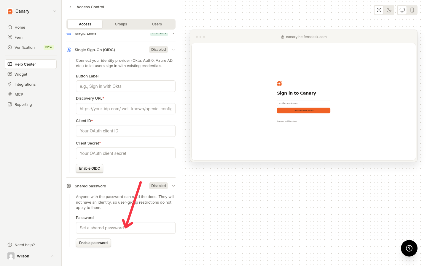 Shared password settings expanded with the password field