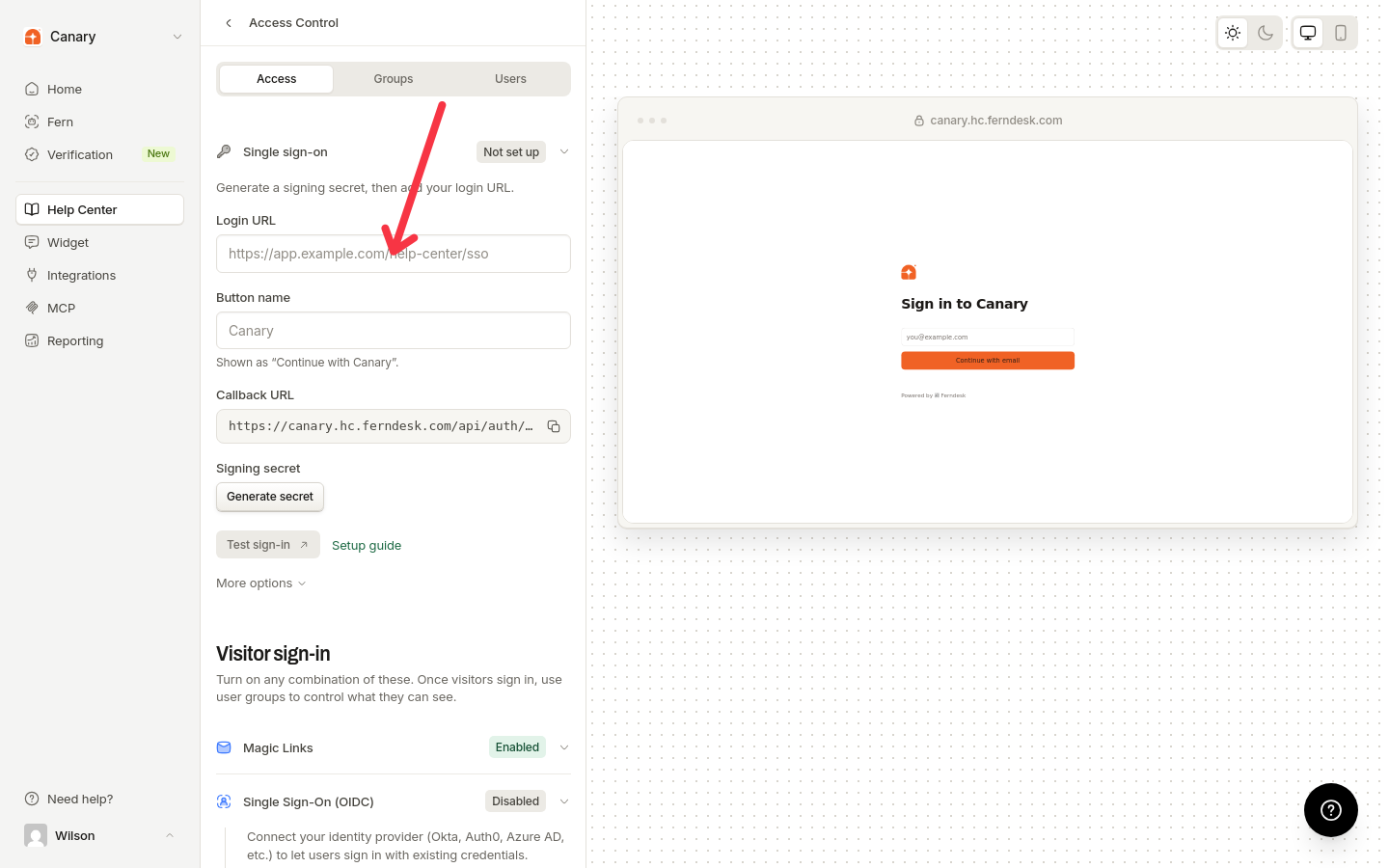 Single sign-on settings with the Login URL field