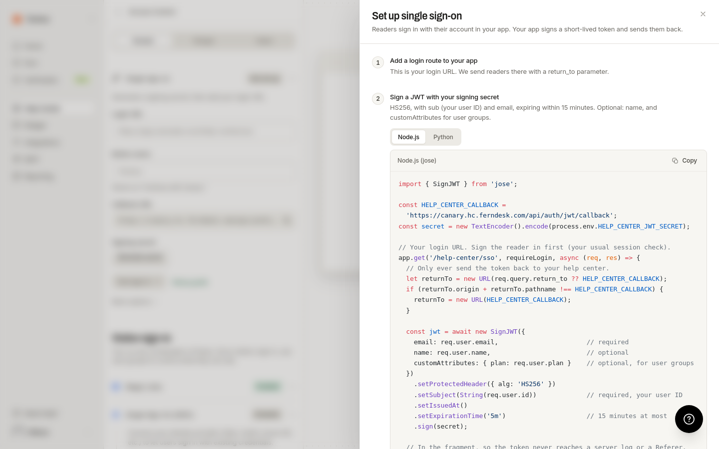Setup guide with JWT signing code examples