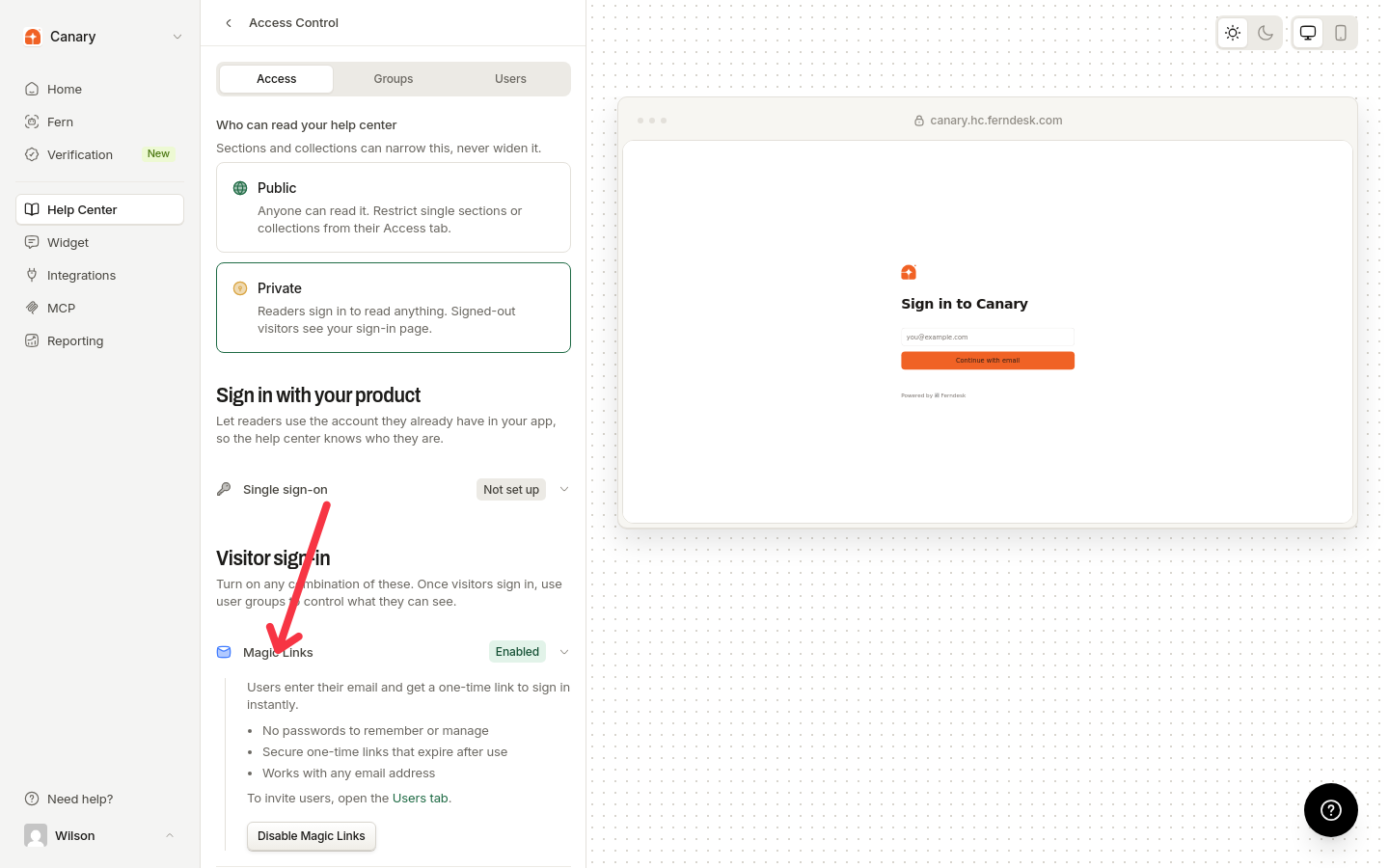 Enable Magic Links under Visitor sign-in