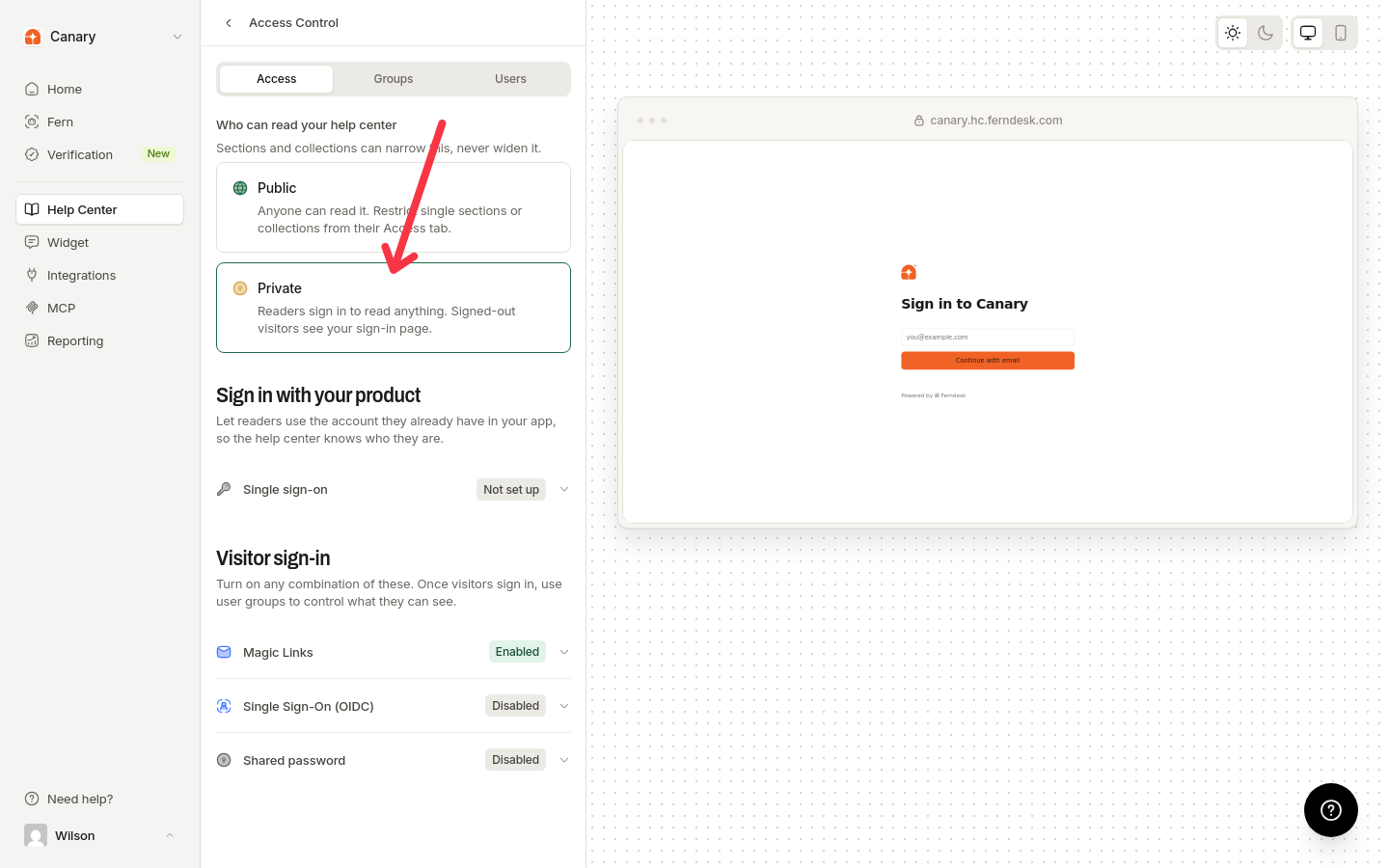 Help center set to Private