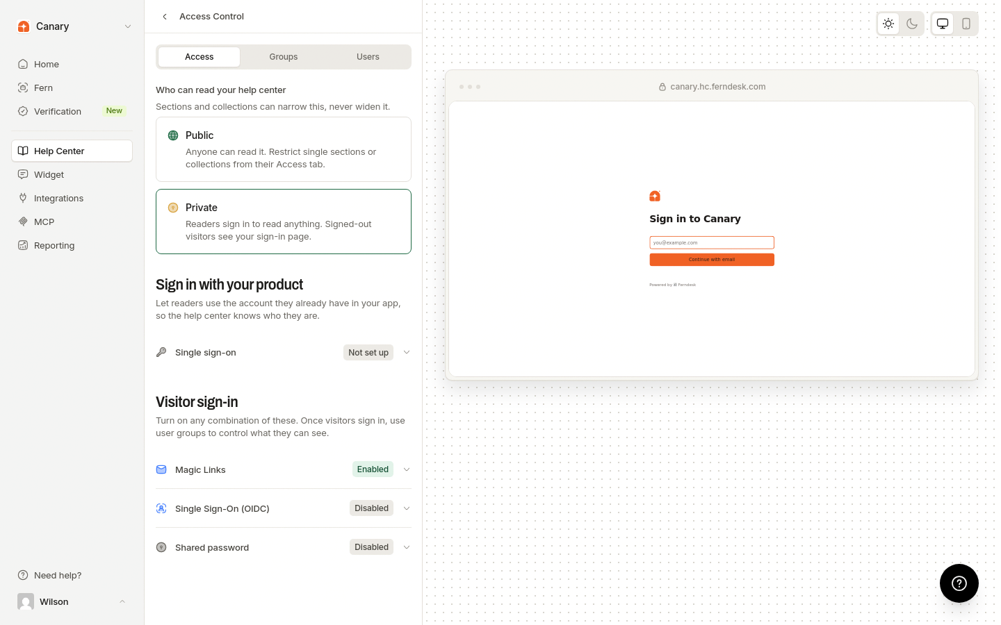 Access Control in the Help Center settings