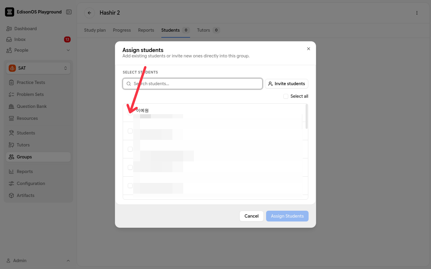 Assign students dialog with a search field and the list of program students