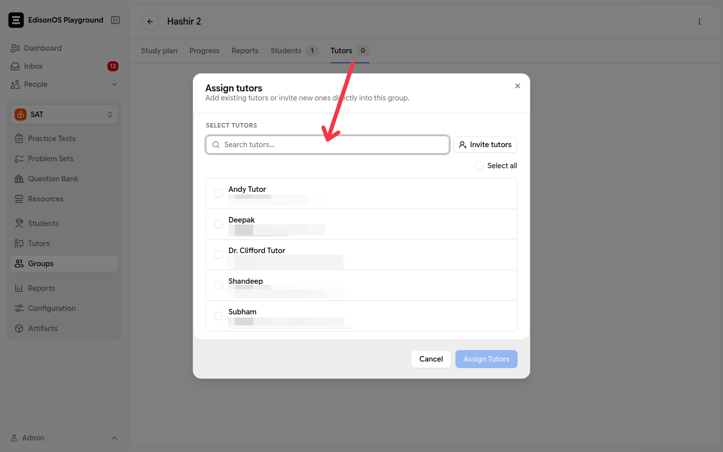 Assign tutors dialog with the Select tutors search field and tutor list